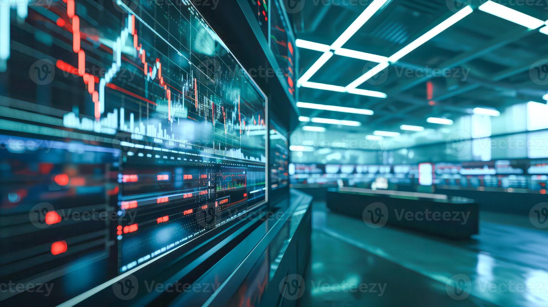 AI generated Futuristic server room with data analysis graphs on screens. High-tech network and database concept ideal for tech backgrounds. photo