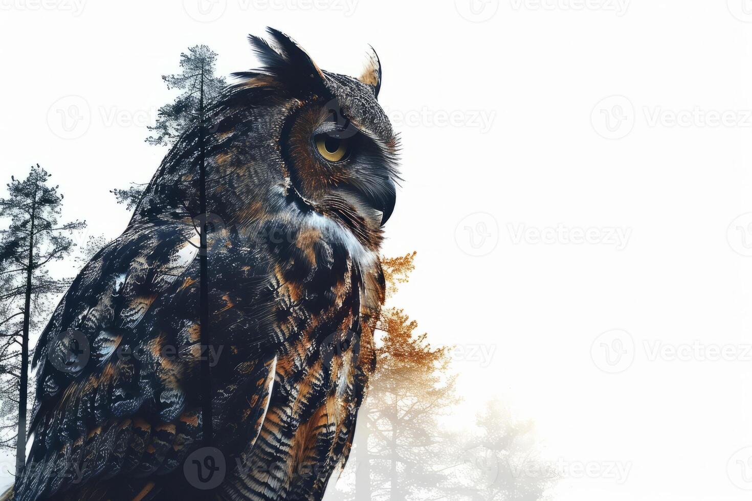 AI generated Majestic owl double exposure with forest scene, perfect for creative backgrounds or artwork design. photo