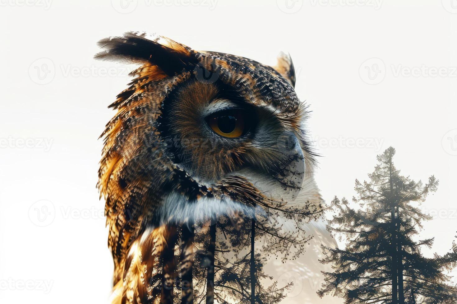 AI generated Majestic owl double exposure with forest trees at dusk, ideal for creative nature themes and mystical designs. photo