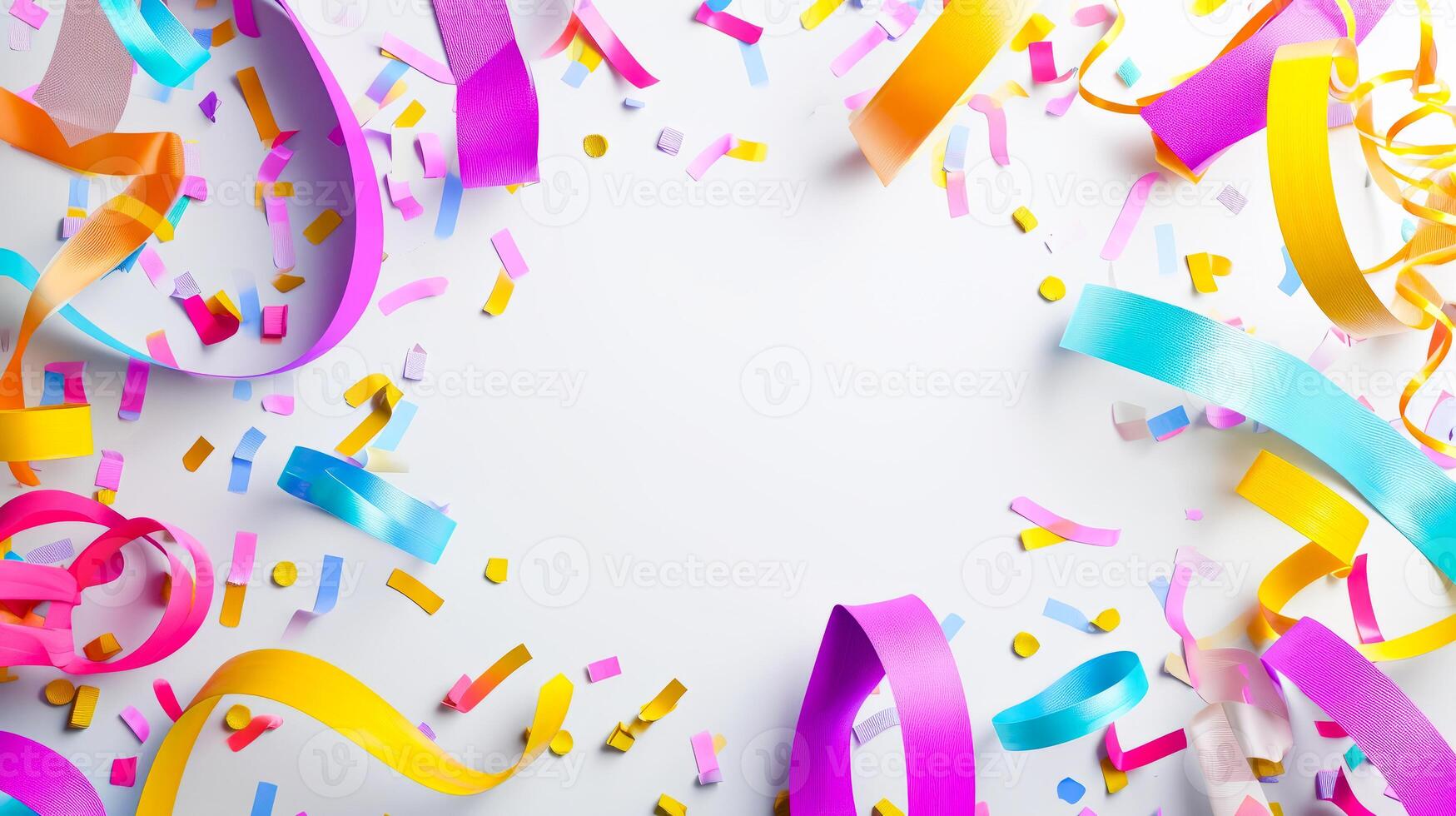 AI generated Colorful party streamers and confetti on white background, ideal for celebrations and events. photo