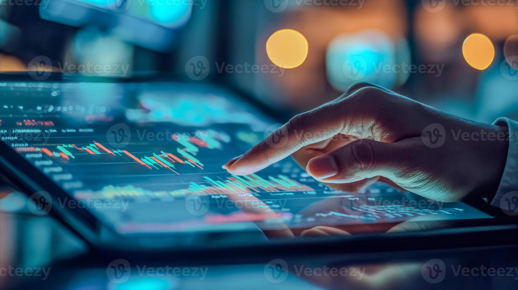 AI generated Close-up of hand analyzing financial data on tablet. Modern trading concept. photo