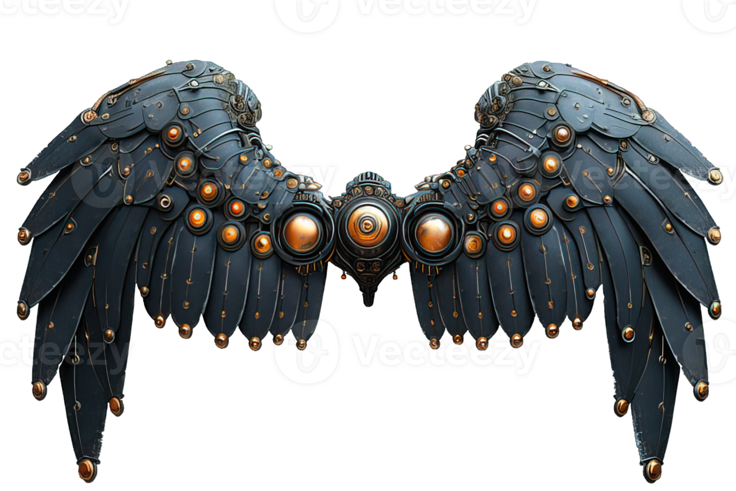 AI generated black robot wings isolated on transparent background, black mechanical bird wings, generative ai png