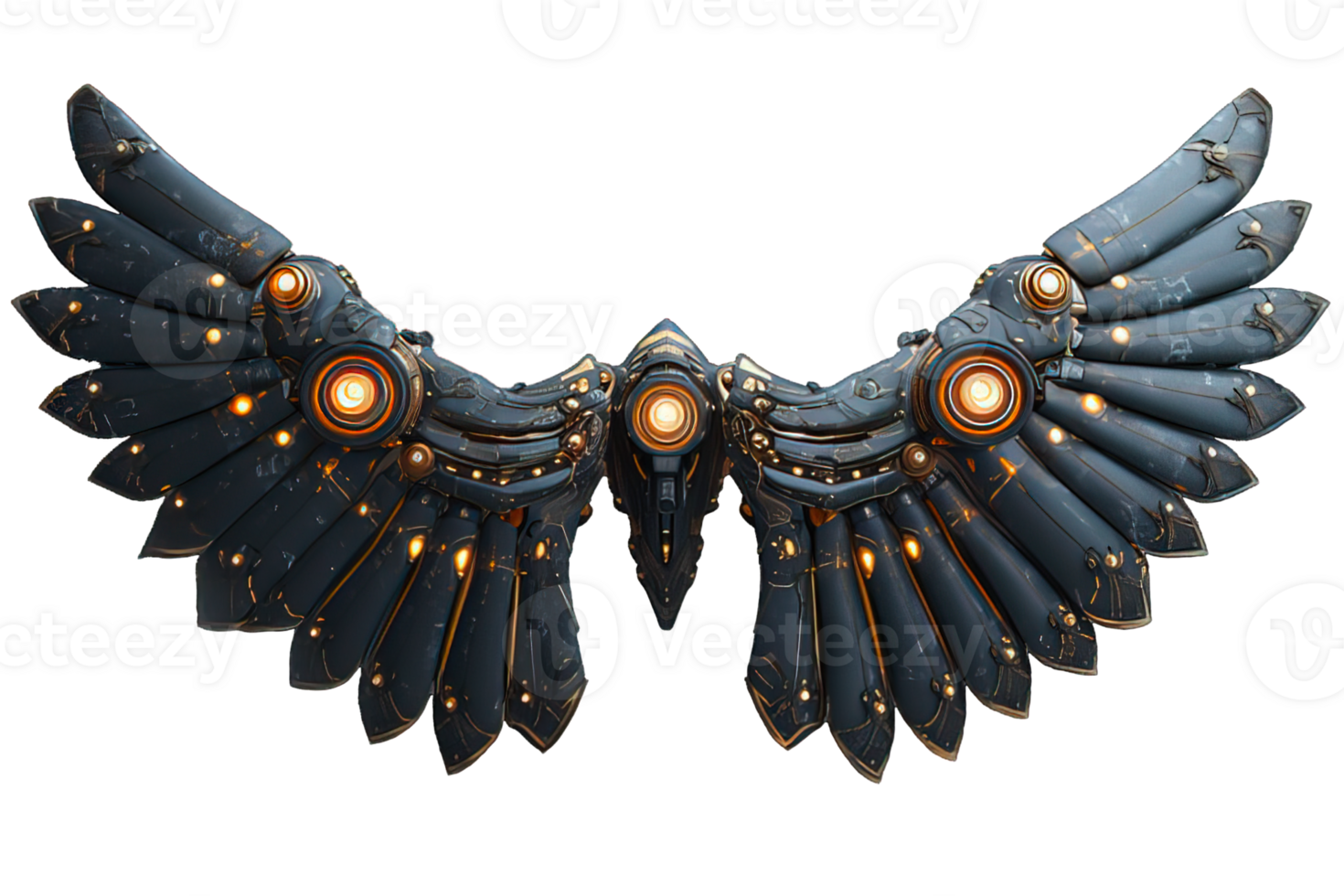 AI generated black robot wings isolated on transparent background, black mechanical bird wings, generative ai png