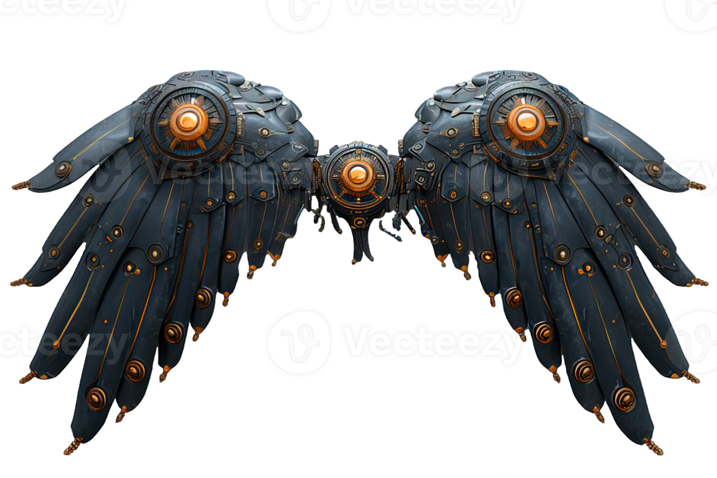 AI generated black robot wings isolated on transparent background, black mechanical bird wings, generative ai png