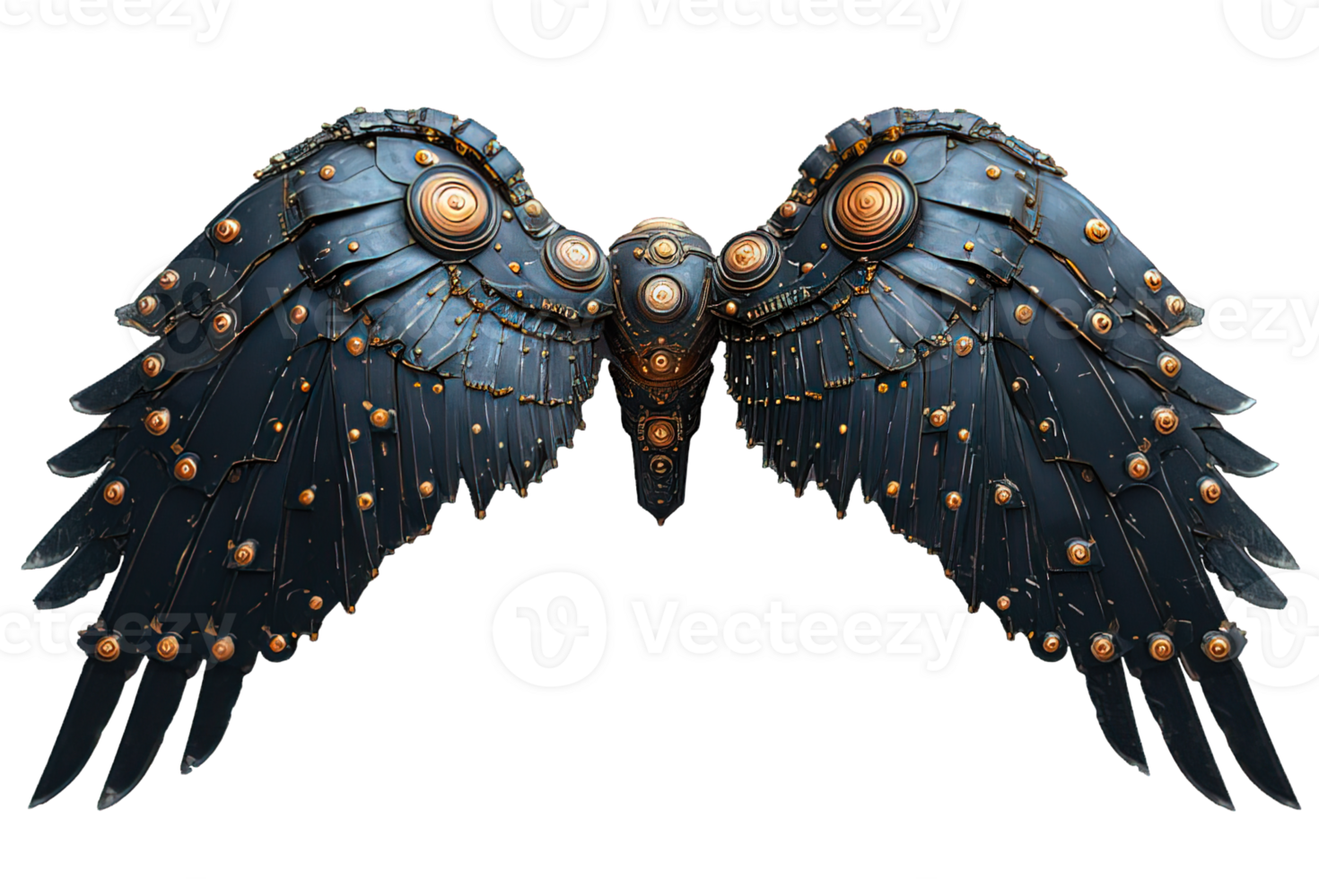 AI generated black robot wings isolated on transparent background, black mechanical bird wings, generative ai png
