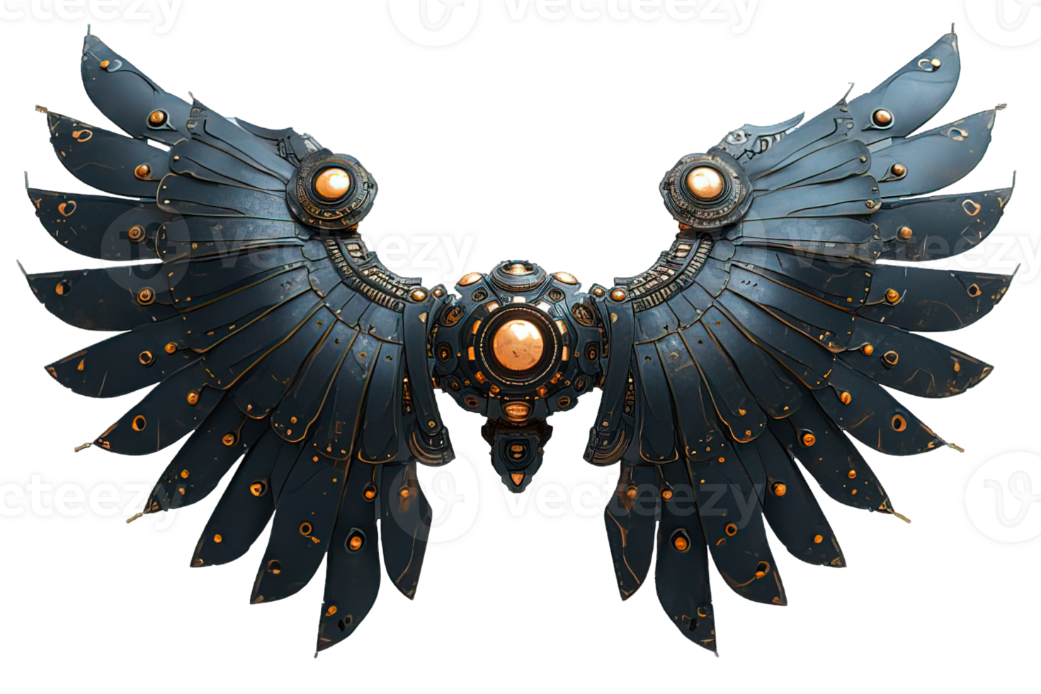 AI generated black robot wings isolated on transparent background, black mechanical bird wings, generative ai png