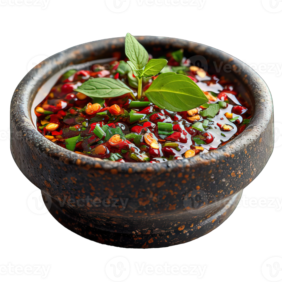 AI generated Indonesian traditional chili sauce dish in a stone bowl isolated on transparent background ,generative ai png