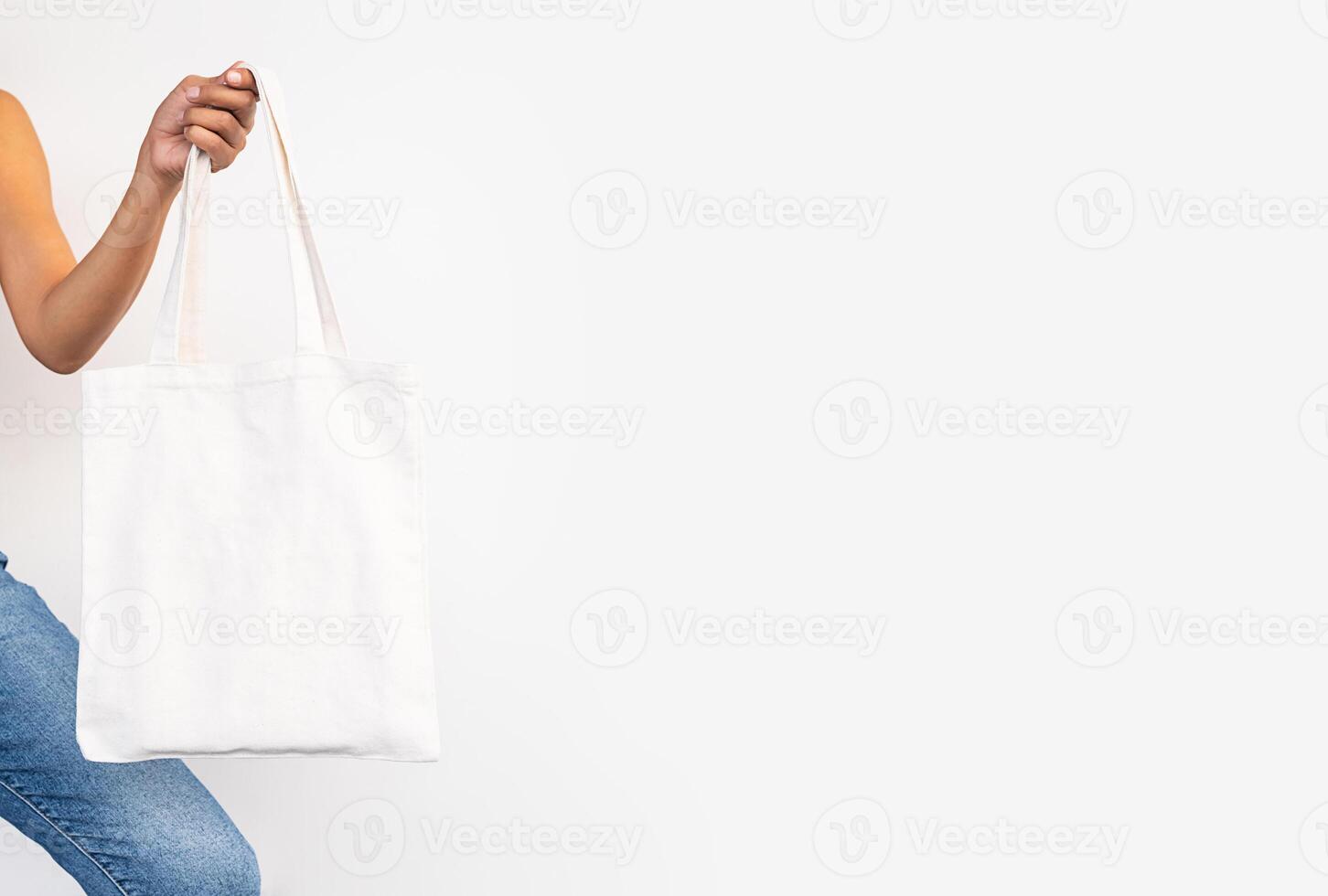 Choose shopping with reusable textile bag. Tote bag mock up. photo