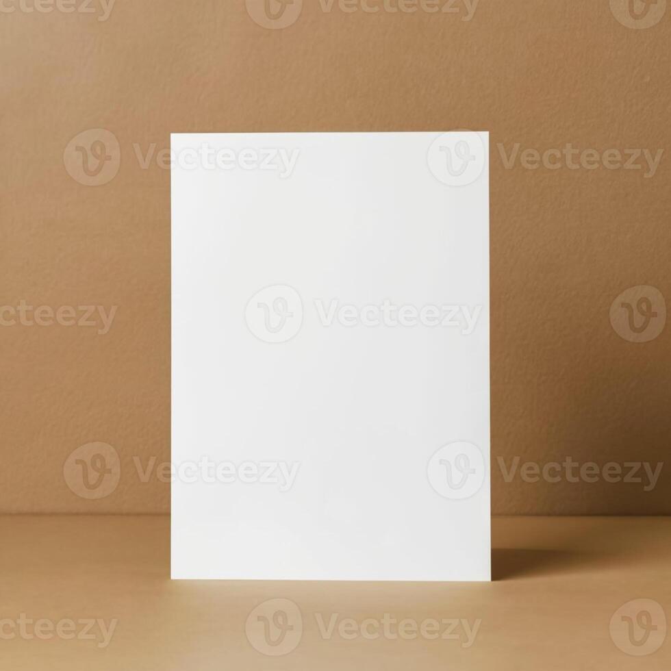 AI generated Blank White Paper Card on Brown Background for Mockup photo
