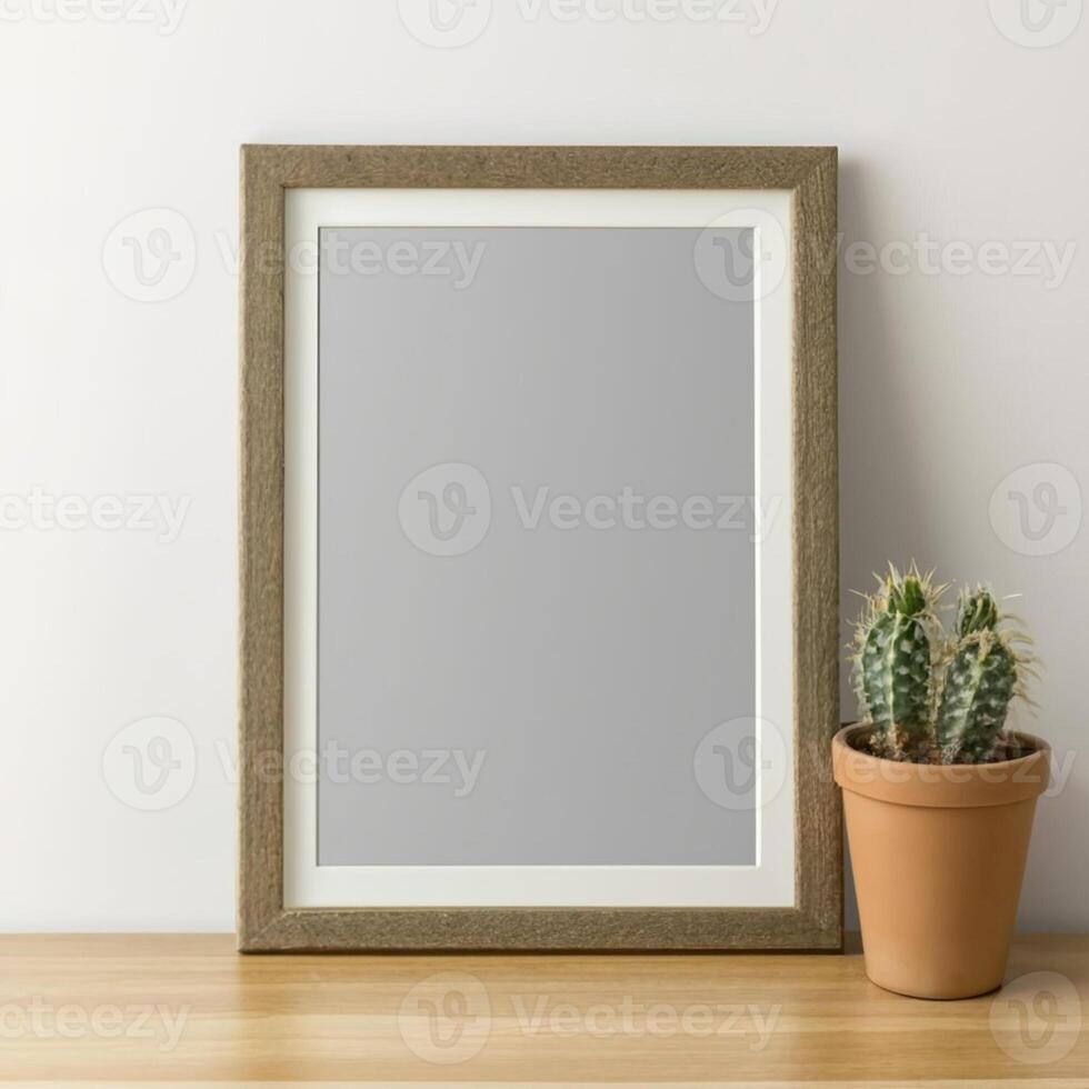 AI generated Empty Picture Frame and Cactus Plant on Wooden Surface photo