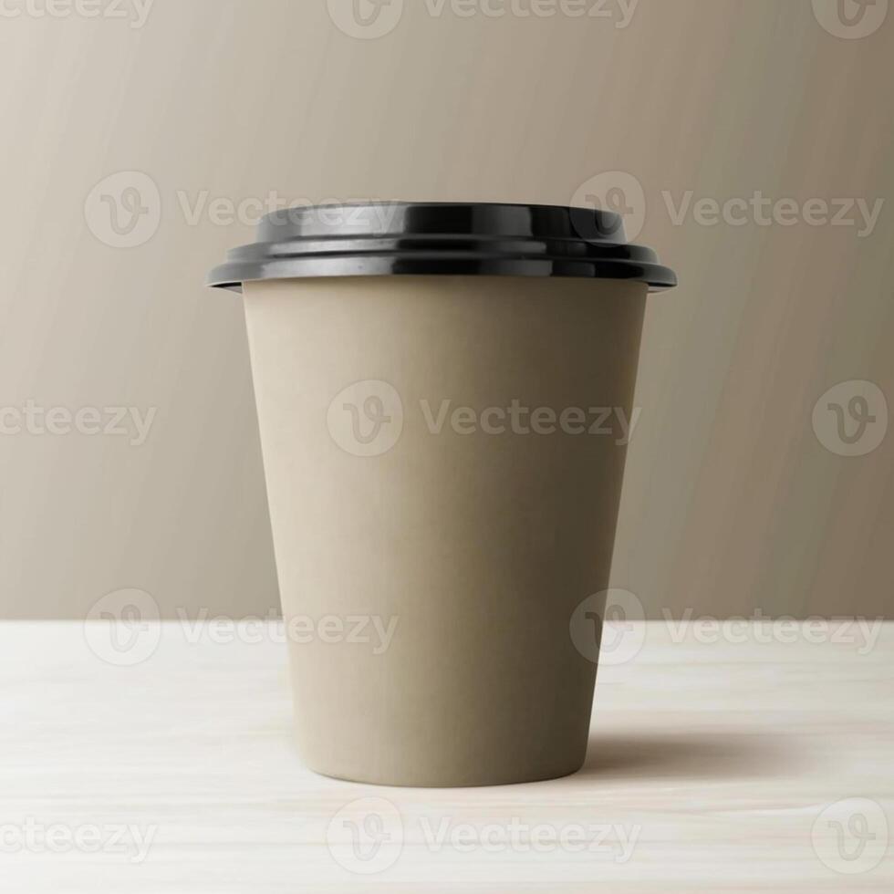 ai generado desechable blanco café taza en de madera mesa minimalista estilo foto