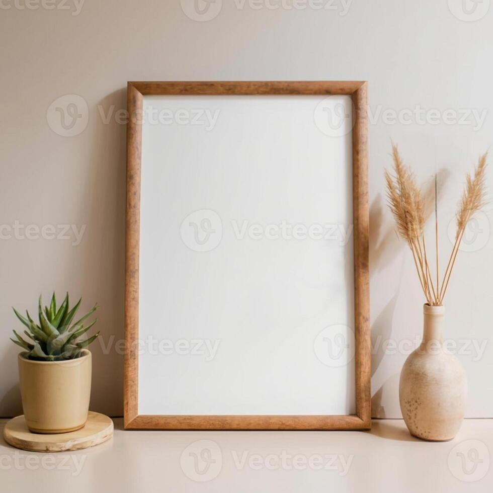 AI generated Blank Picture Frame on Table with Plant and Vase Decor photo