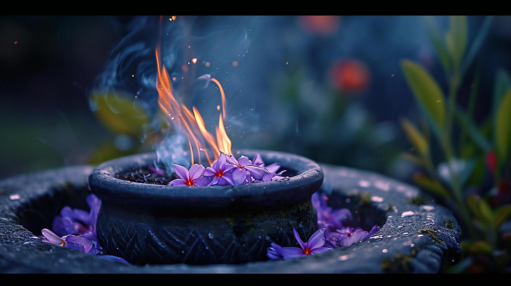 AI generated Ethereal Flames Rising from Floral Incense Pot photo