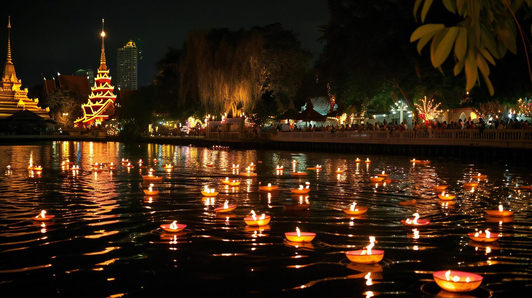 ai generado festivo luces en el agua cerca ciudad la vida nocturna foto