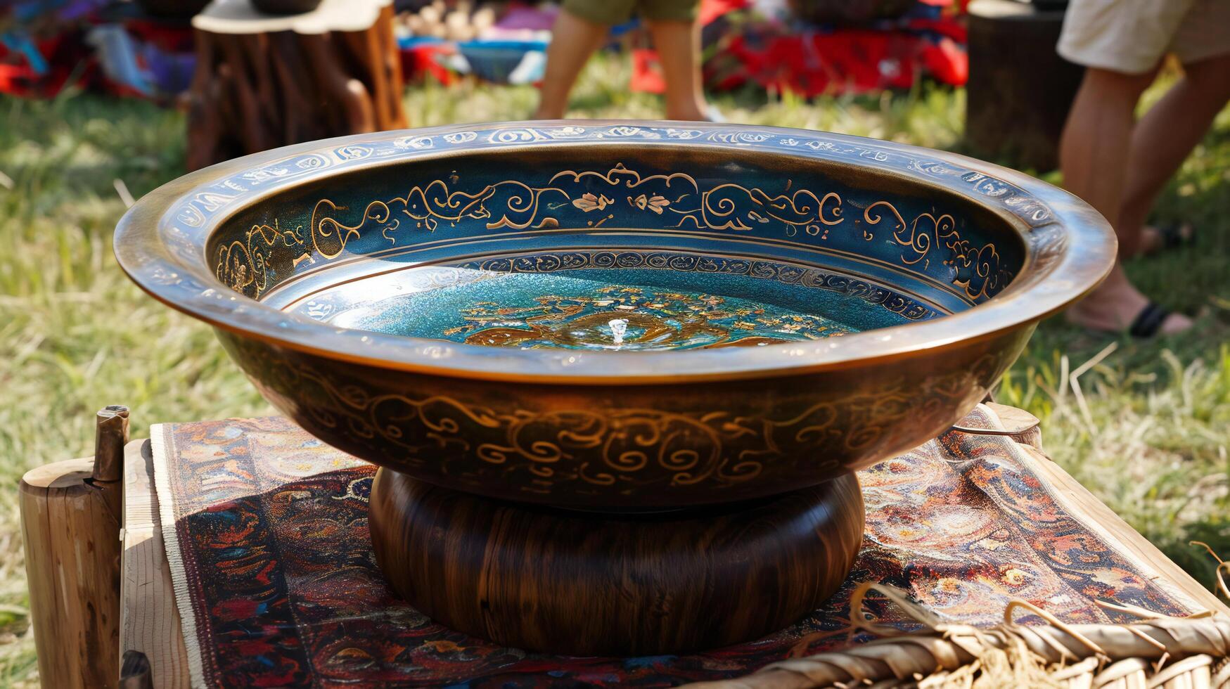 AI generated Ornate Kazakh Bowl on Display at Outdoor Cultural Event photo