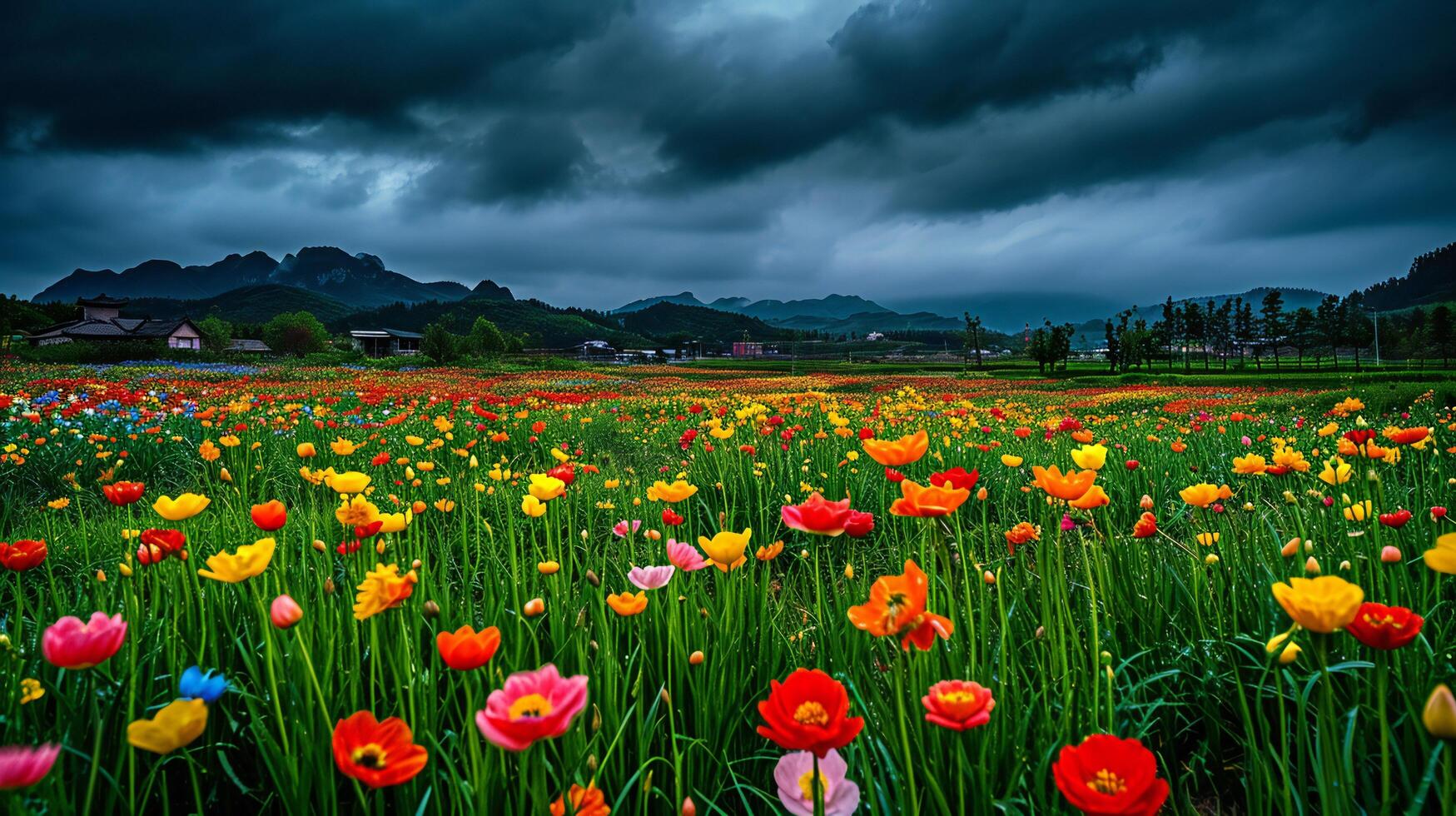 ai generado Rico tapiz de flores silvestres en contra un montaña fondo foto