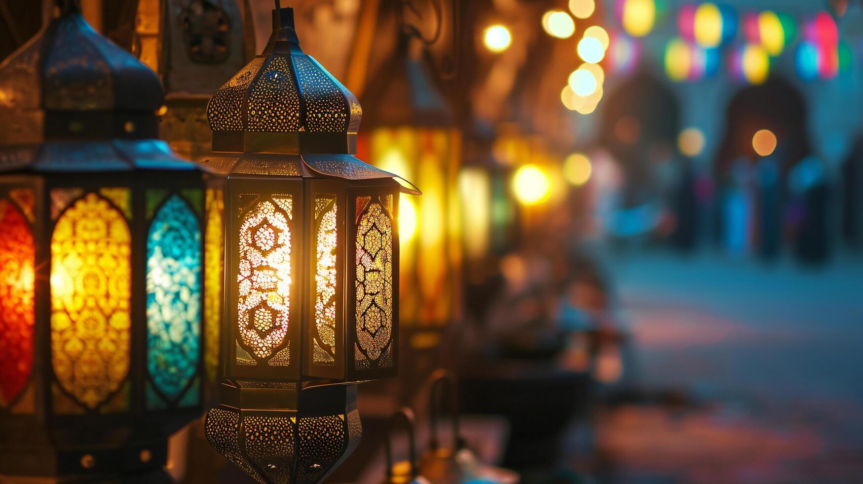 AI generated Colorful Patterns of Moroccan Lanterns at Night photo