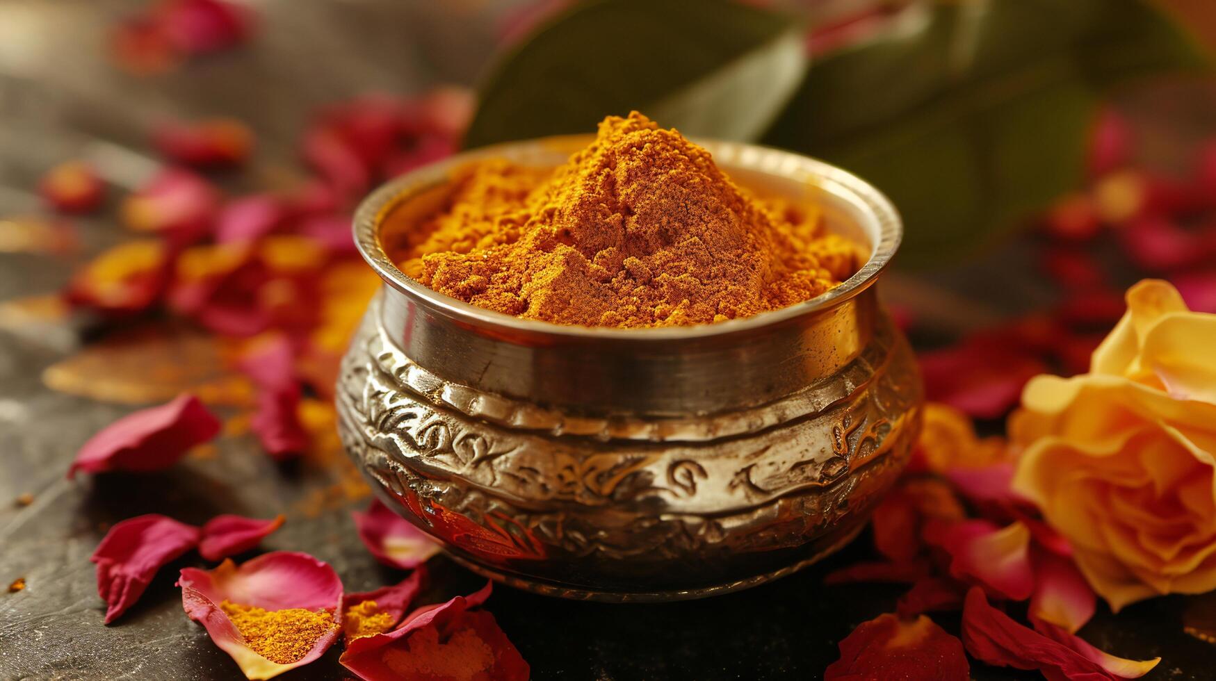 AI generated Golden Turmeric Powder in Ornate Silver Bowl photo