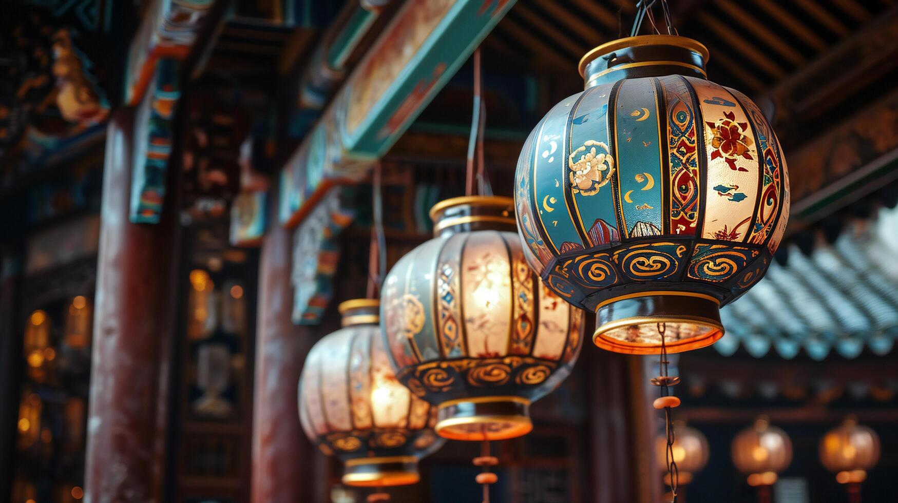 AI generated Intricately Painted Lanterns Adorning a Temple Hall photo