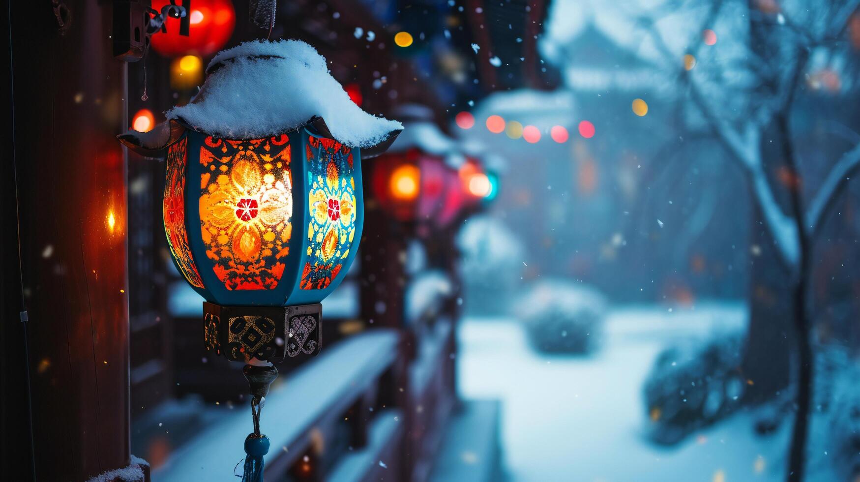 AI generated Vibrant Lantern Under a Blanket of Snow photo