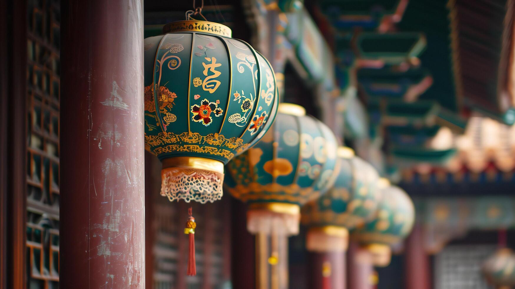 AI generated Teal and Gold Chinese Lanterns in a Row photo