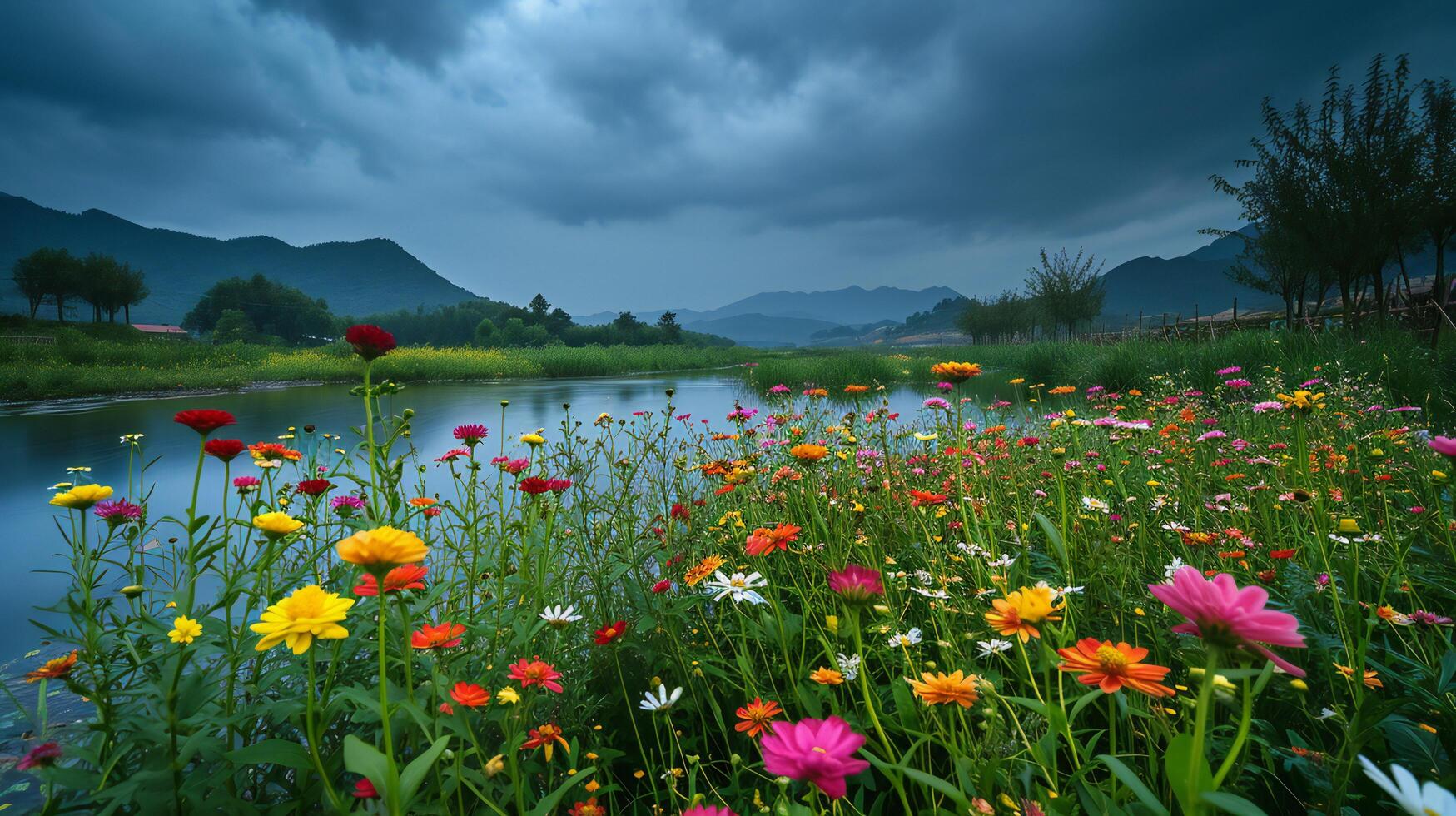 ai generado vistoso flores silvestres floreciente por un calma orilla foto