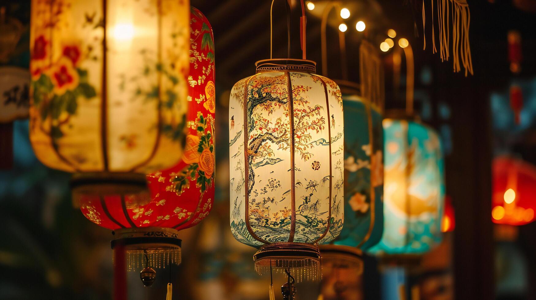 AI generated Elegant Lanterns with Traditional Motifs Shine Brightly photo