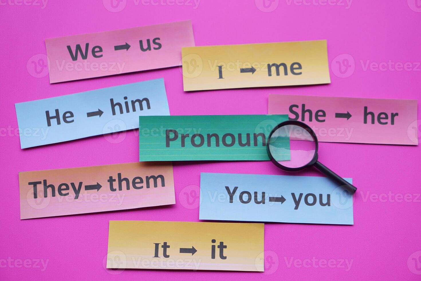 Colorful paper word cards for teaching Pronoun  in English with printed words. Concept, language teaching materials. Grammar teaching. photo