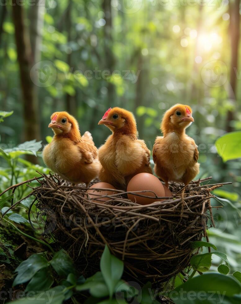 ai generado Tres pequeño pollos son sentado en el nido con huevos en el natural bosque fondo,concepto de nuevo vida foto