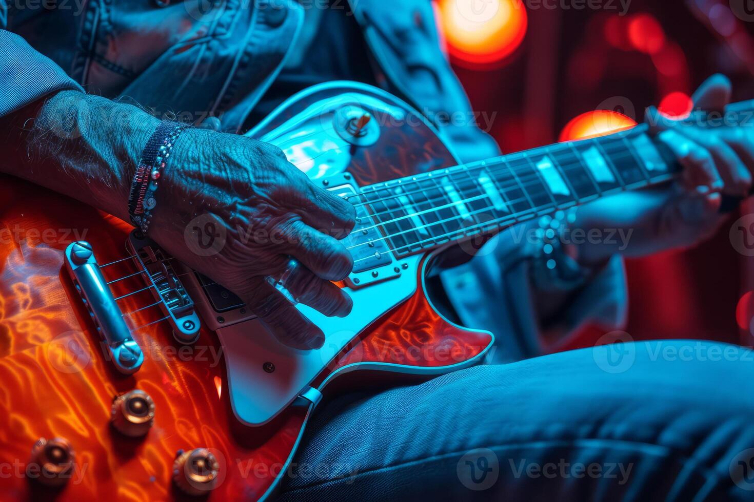 AI generated Rock musician plays the electric guitar on stage photo