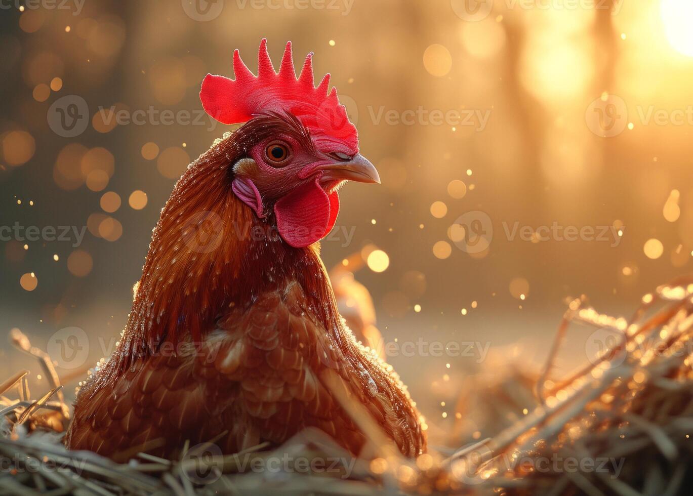 AI generated Beautiful rooster sits on hay in the rays of the rising sun photo