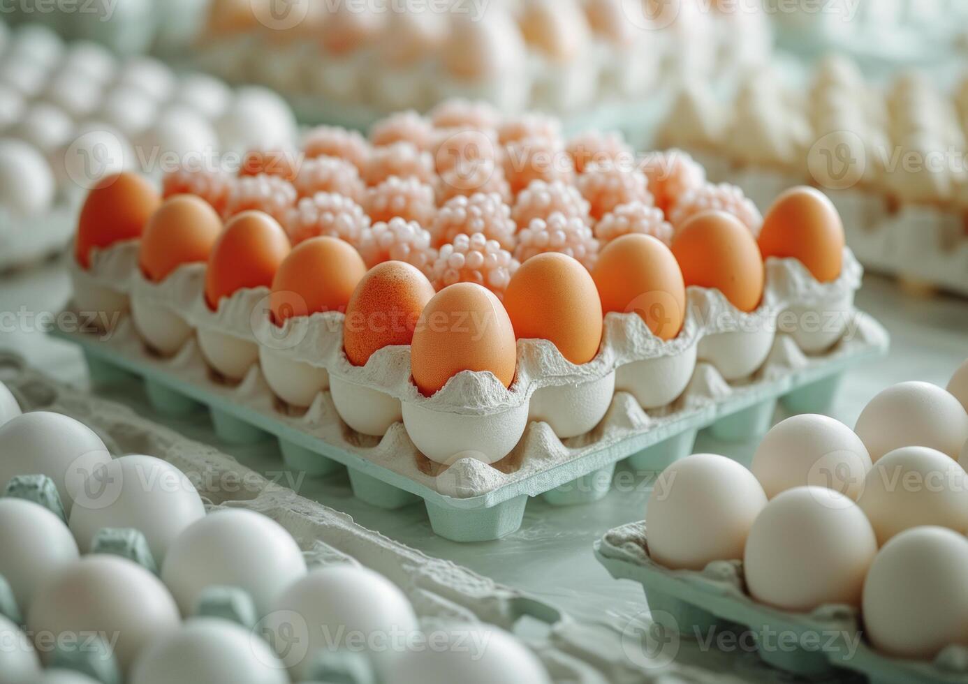 AI generated Fresh chicken eggs in carton box. Crates filled with white and orange eggs are surrounded by trays full of eggs photo