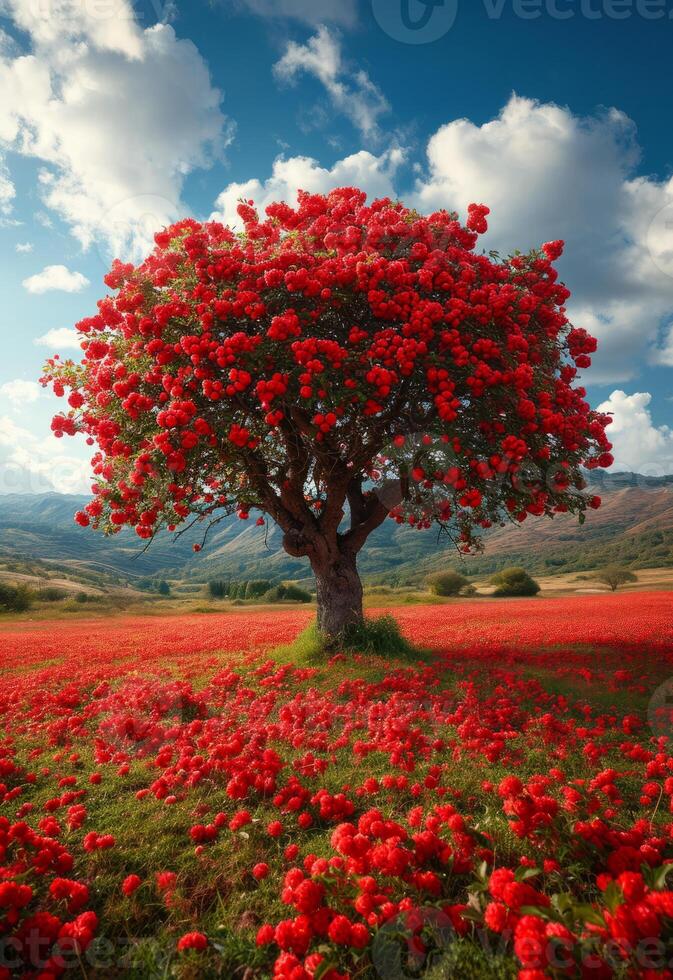AI generated Beautiful red flowering tree in the middle of poppy field. Large red apple tree on a green field photo