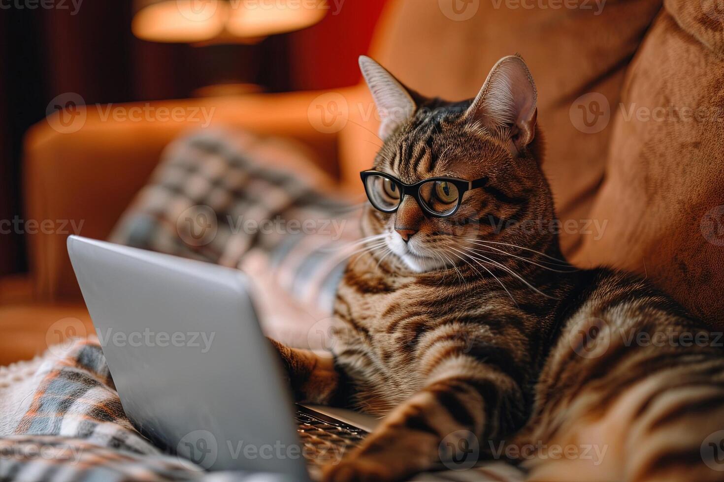 AI generated Cat using a laptop Feline Work from Home participating in a virtual meeting, wearing glasses for that professional touch photo