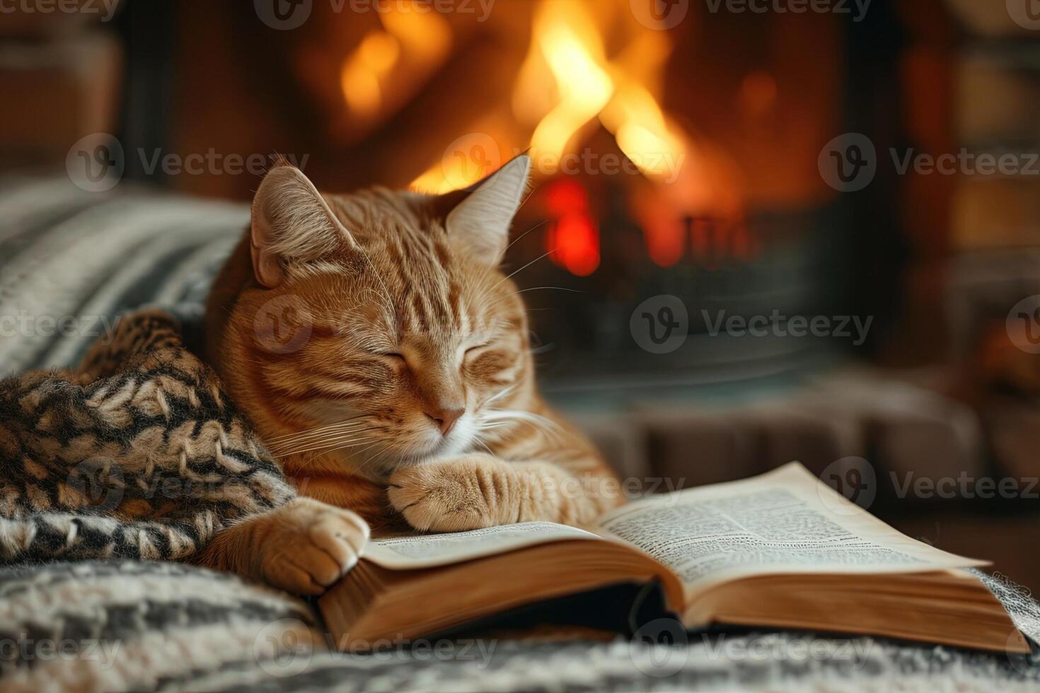 AI generated Cat Reading by the Fireplace Picture a sophisticated cat curled up by the fireplace, engrossed in a tiny book, displaying a refined taste for literature in a cozy home setting photo