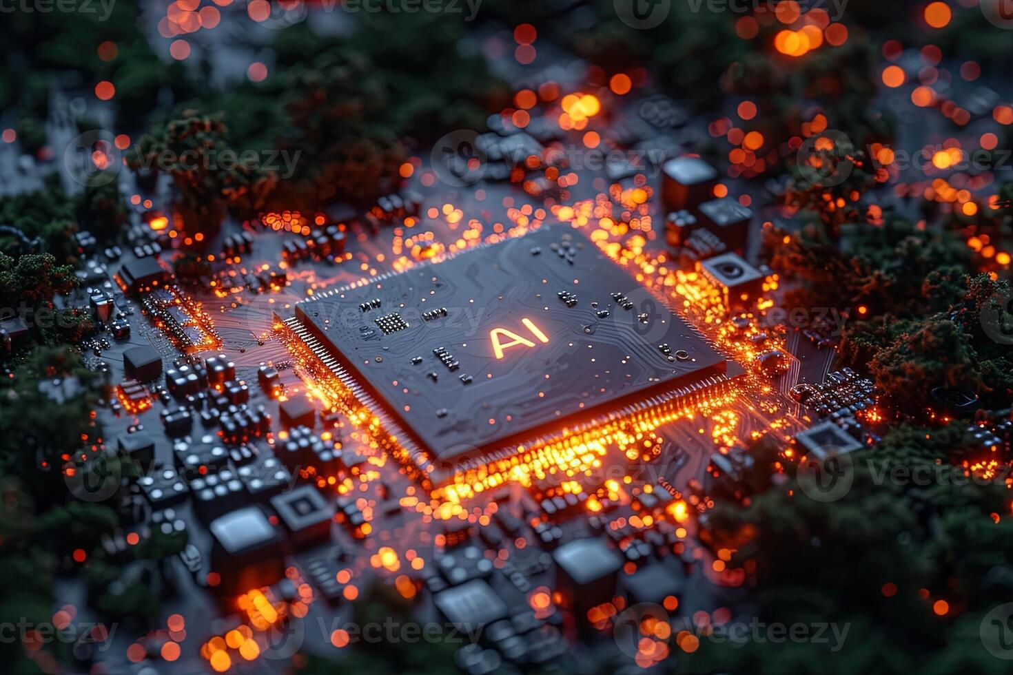 AI generated microchip with AI logo text irradiating pulse of blue energy to other circuits Artificial intelligence circuit line style. Machine learning design. Smart network digital technology. AI. photo