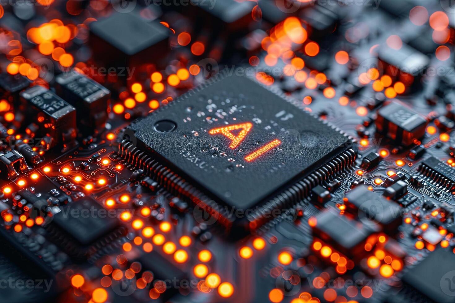 AI generated microchip with AI logo text irradiating pulse of blue energy to other circuits Artificial intelligence circuit line style. Machine learning design. Smart network digital technology. AI. photo