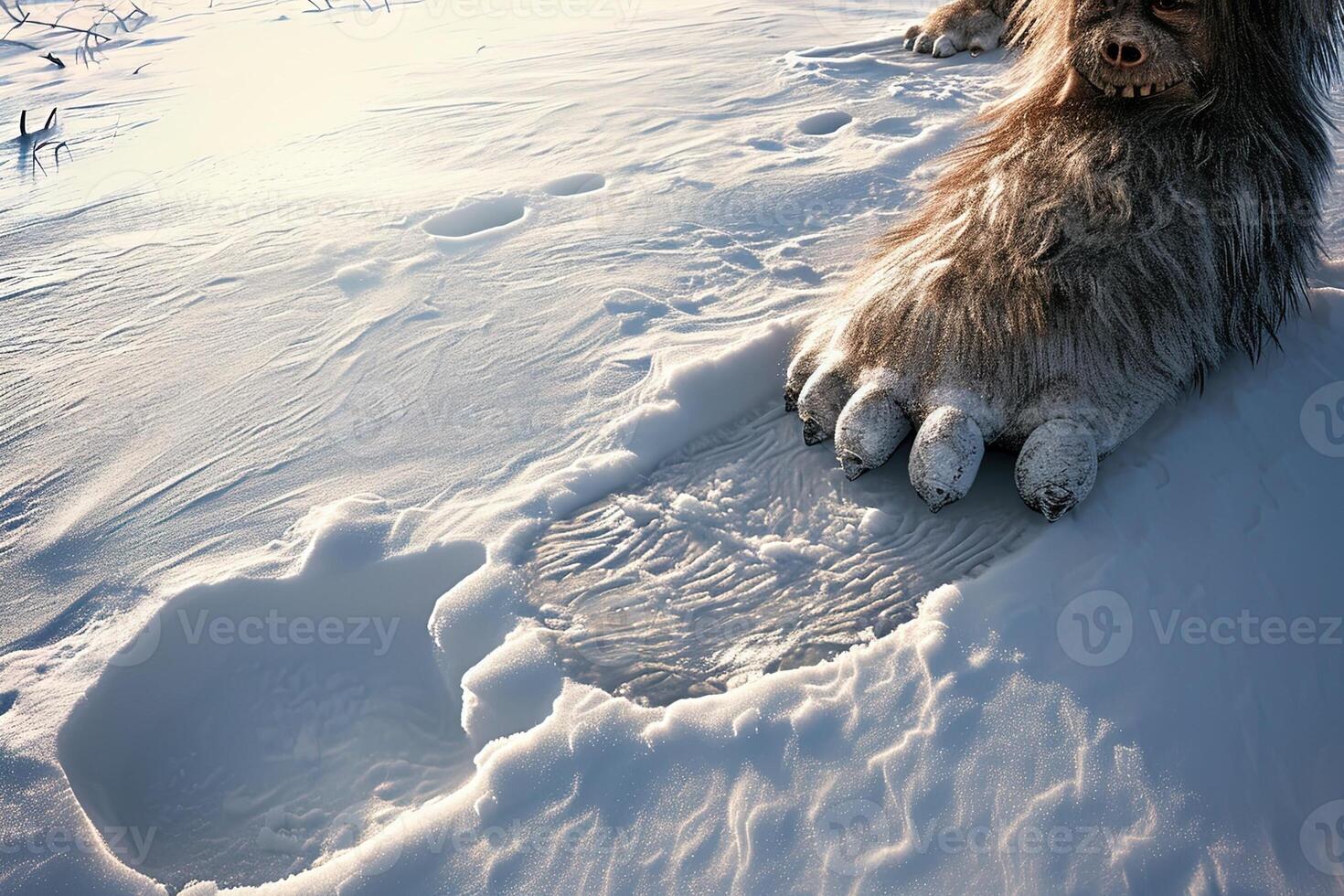 AI generated bigfoot feet footprint on the snow photo