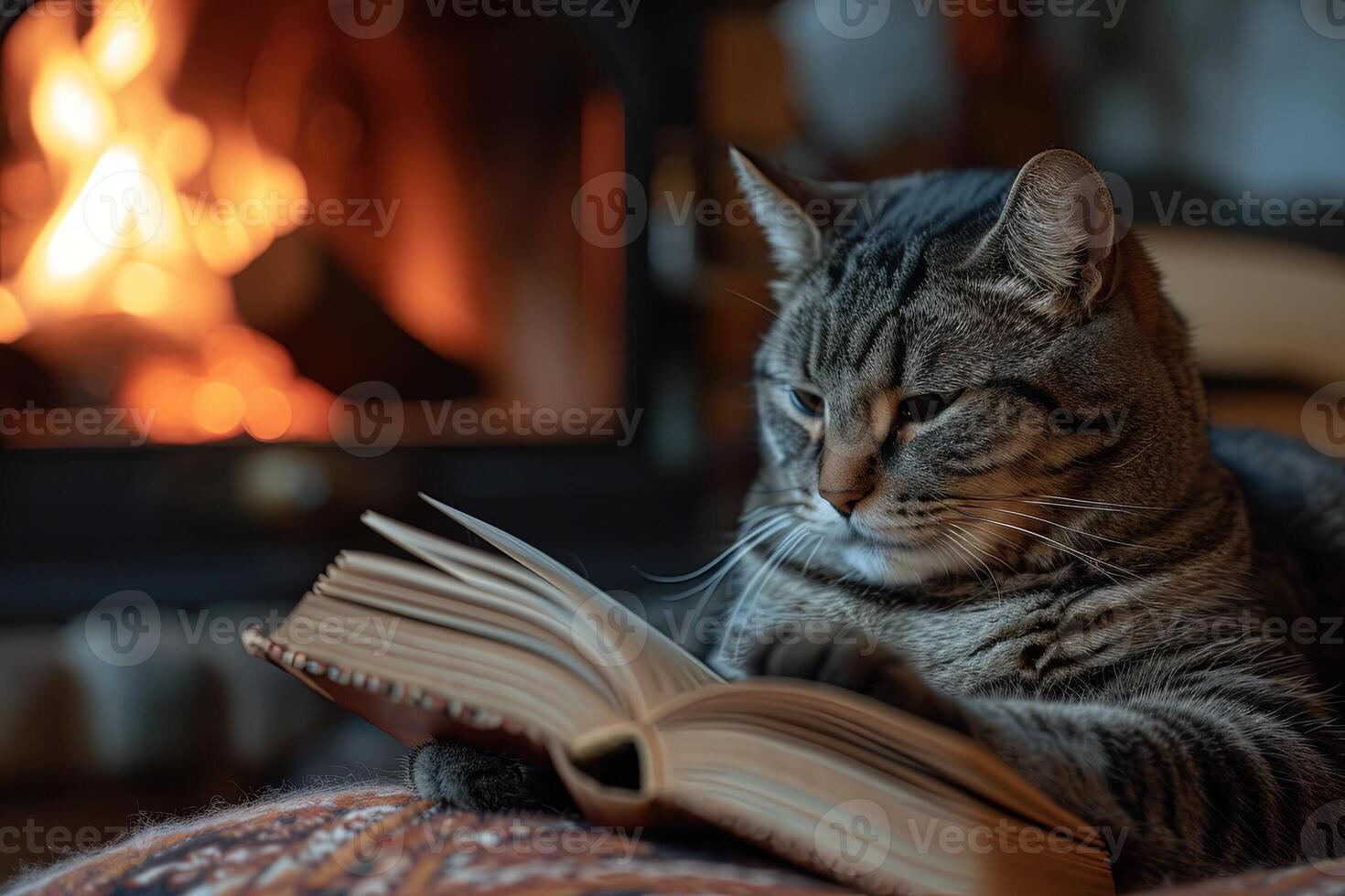 AI generated Cat Reading by the Fireplace Picture a sophisticated cat curled up by the fireplace, engrossed in a tiny book, displaying a refined taste for literature in a cozy home setting photo