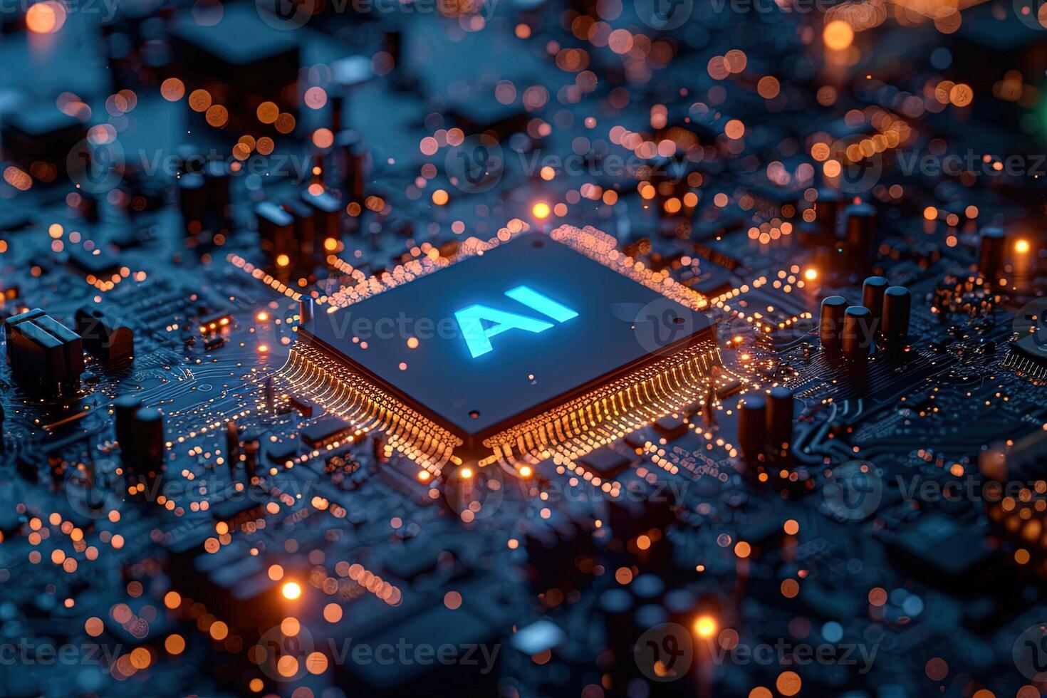 AI generated microchip with AI logo text irradiating pulse of blue energy to other circuits Artificial intelligence circuit line style. Machine learning design. Smart network digital technology. AI. photo