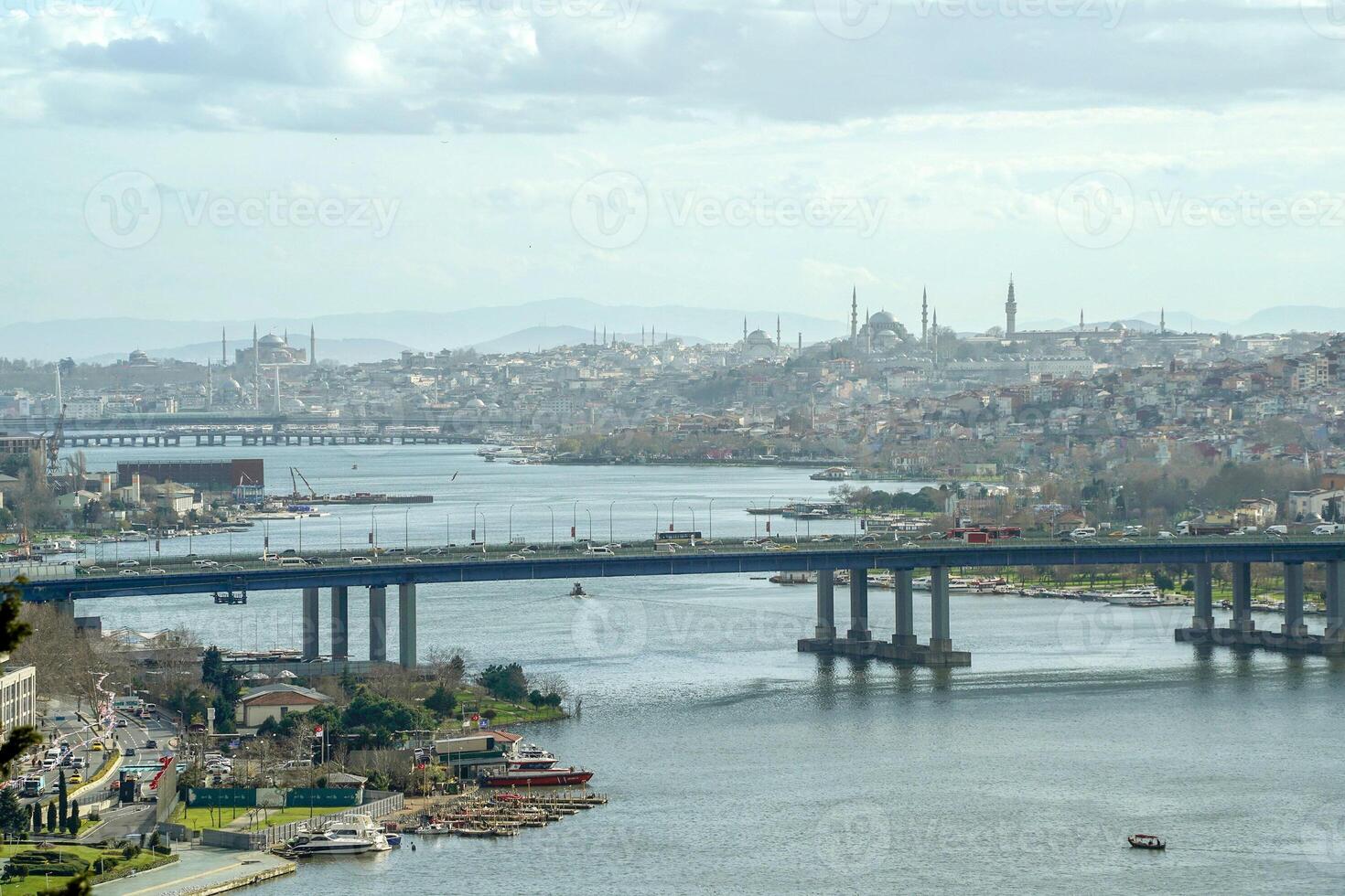 View of Golden Horn seen from Pierre Loti Hill in Eyup district in Istanbul, Turkey. photo