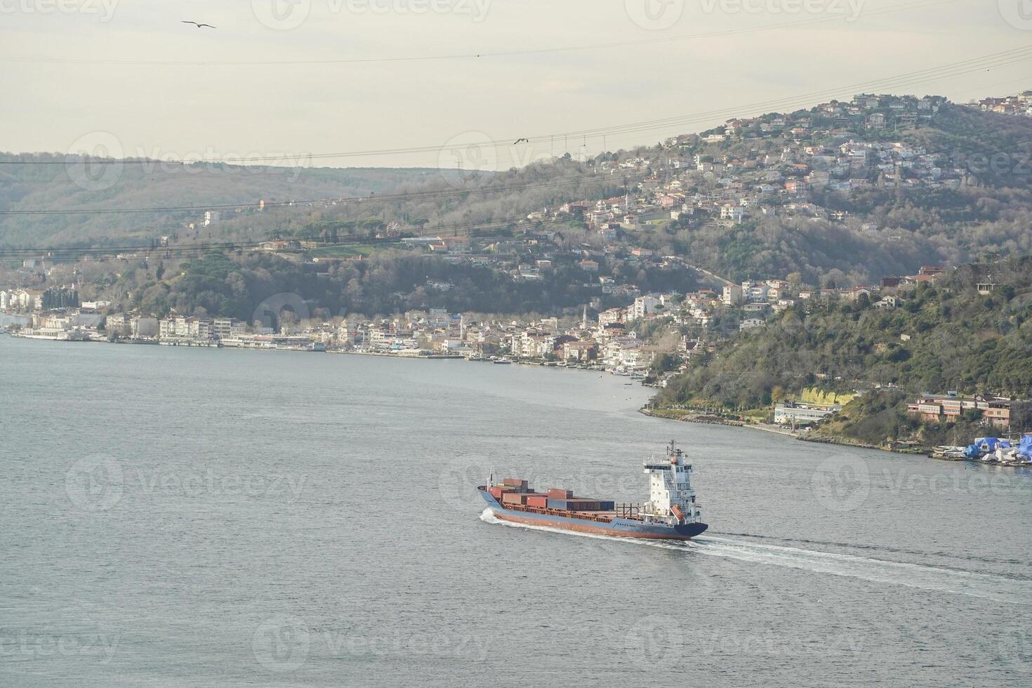 Aerial view from Fortress Ruins of Yoros Castle, Yoros Kalesi, or Genoese Castle, an ancient Byzantine castle at the confluence of Bosphorus and Black Sea in Anadolu Kavagi, Istanbul, Turkey photo