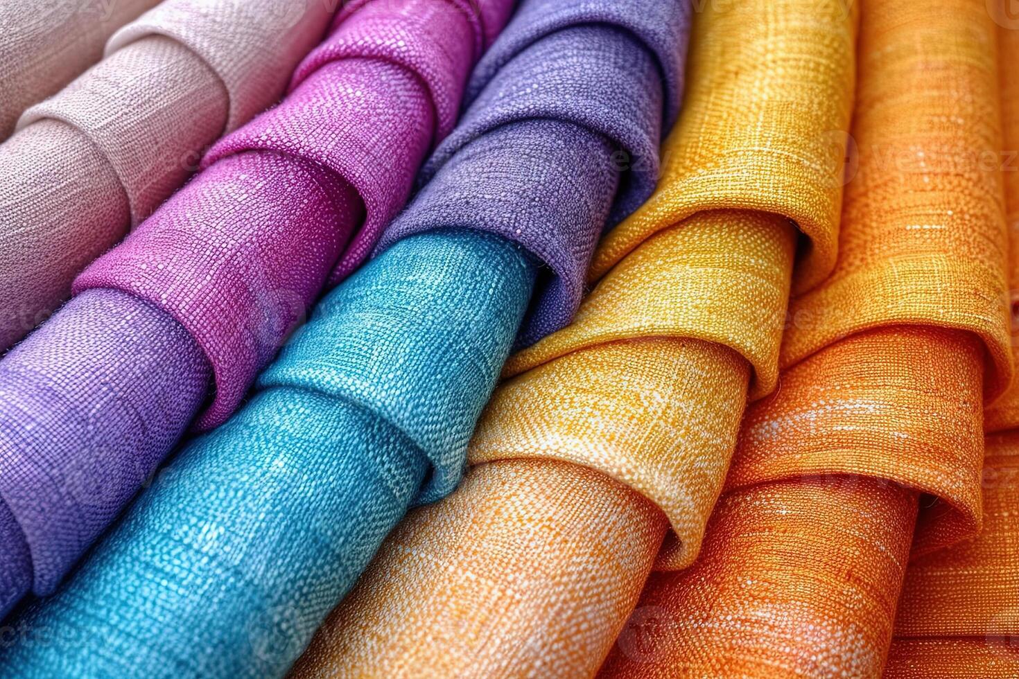 AI generated fabric textile of Nostalgic Color Palettes of The Spring and Summer 2024 celebration of the positive power of vibrant color pastel rainbow of lilac, chambray blue, burnt orange, and sunshine yellow photo