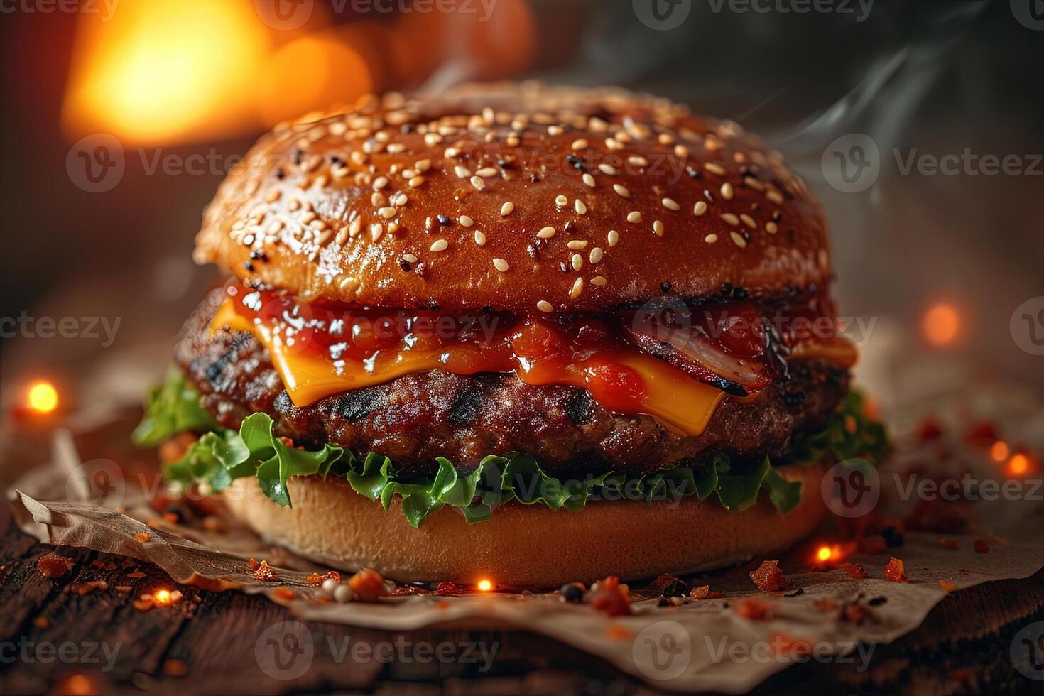 ai generado demoníaco hamburguesa con queso infierno en fuego antecedentes foto
