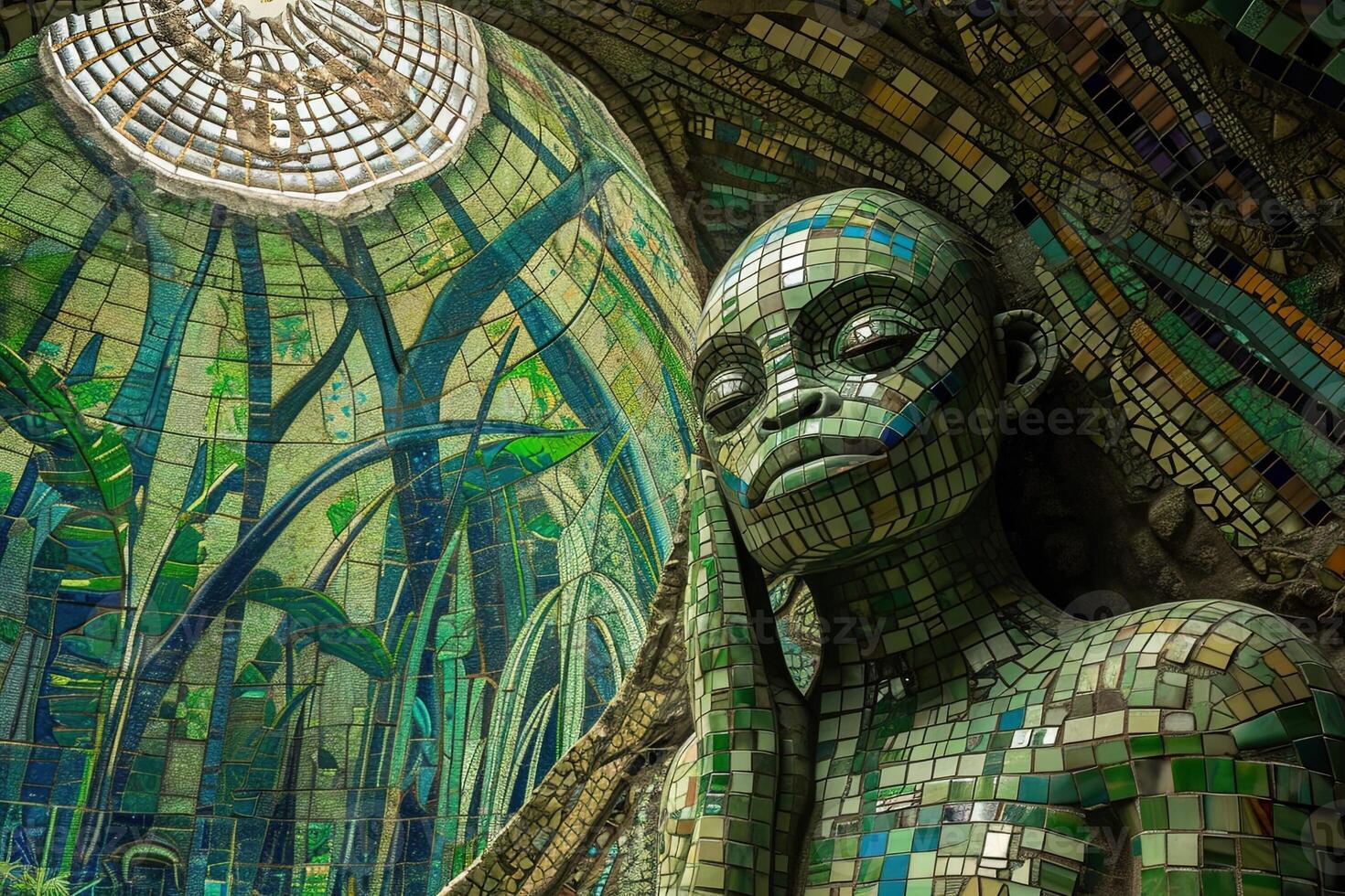 AI generated alien shape mosaic on alien temple ceiling photo