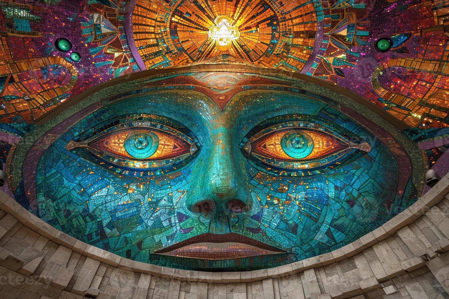 AI generated alien shape mosaic on alien temple ceiling photo