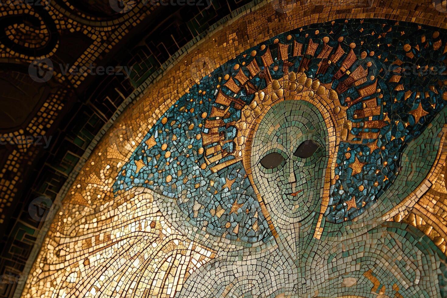 AI generated alien shape mosaic on alien temple ceiling photo