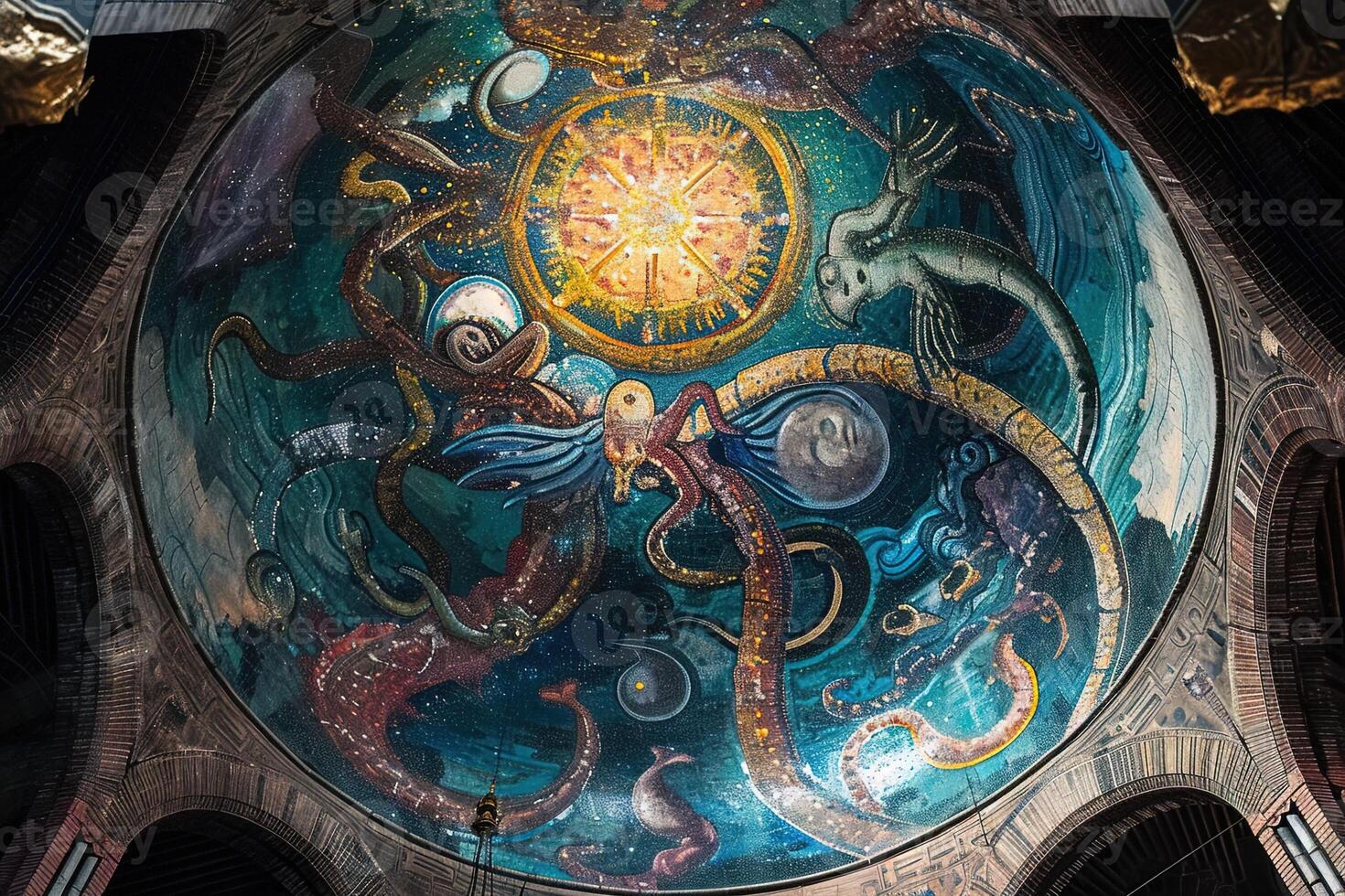 AI generated alien shape mosaic on alien temple ceiling photo
