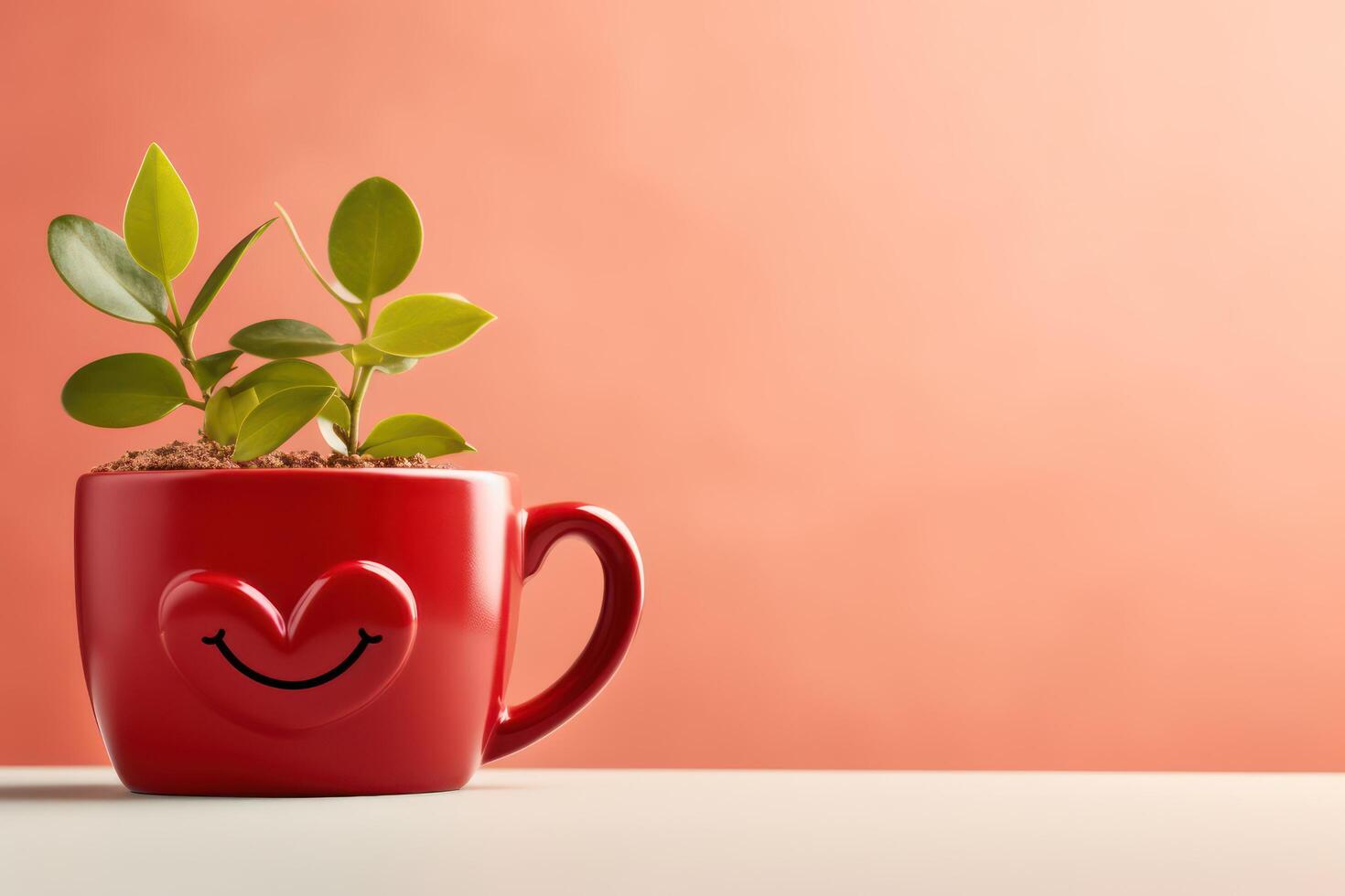 AI generated Plant growing in red mug with smile, abstract spring background. Generative AI photo