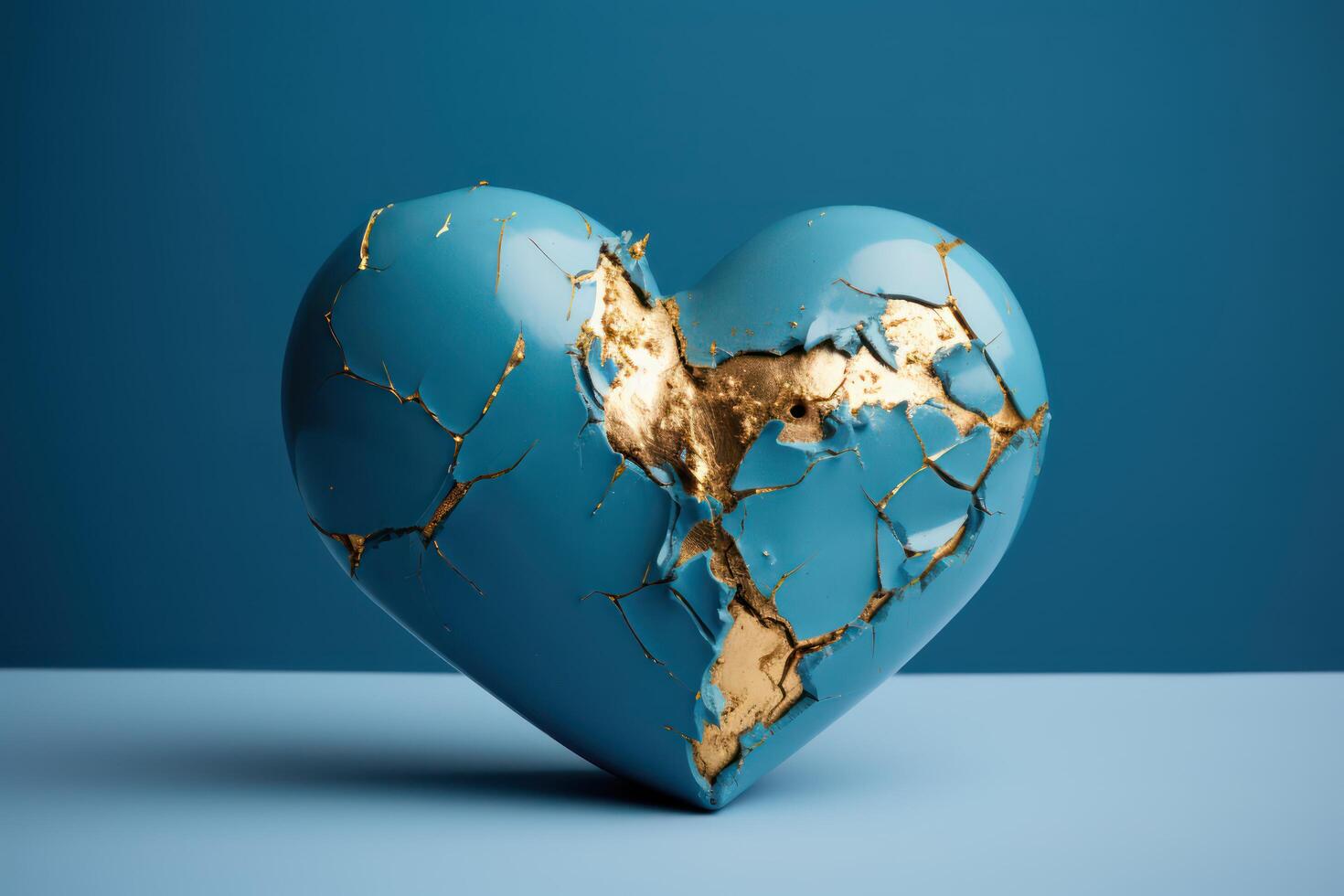 AI generated Blue ceramic heart with golden cracks or lines, valentines day. Generative AI photo